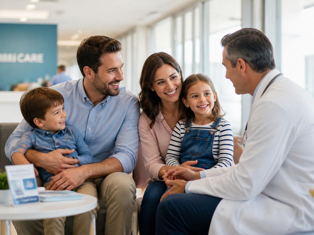 A family meeting their doctor with private health coverage in place